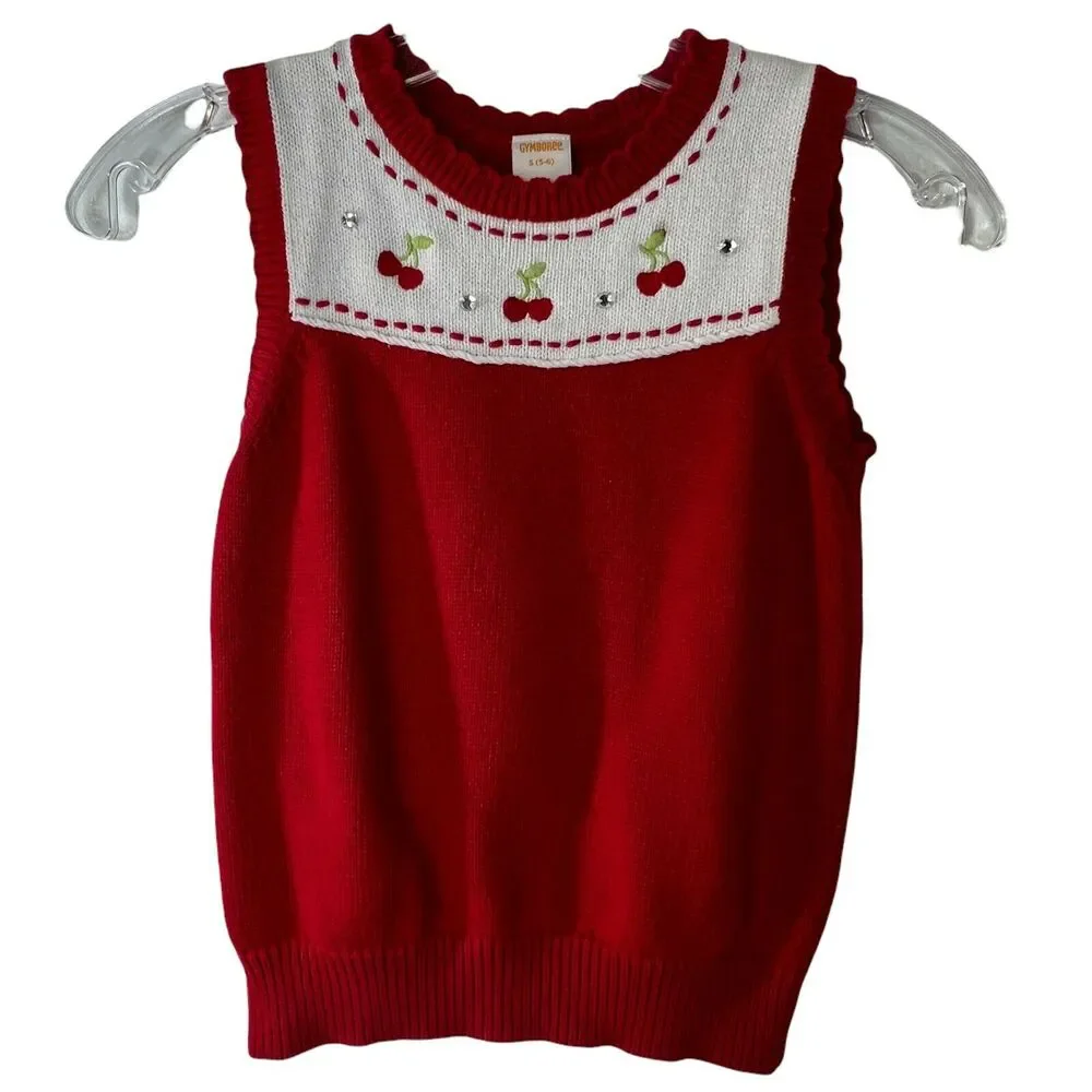 Gymboree‎ Girls Red Sweater Embroidered Cherries Size 5-6